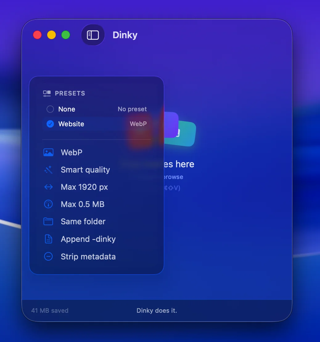Dinky preset selected with settings summary