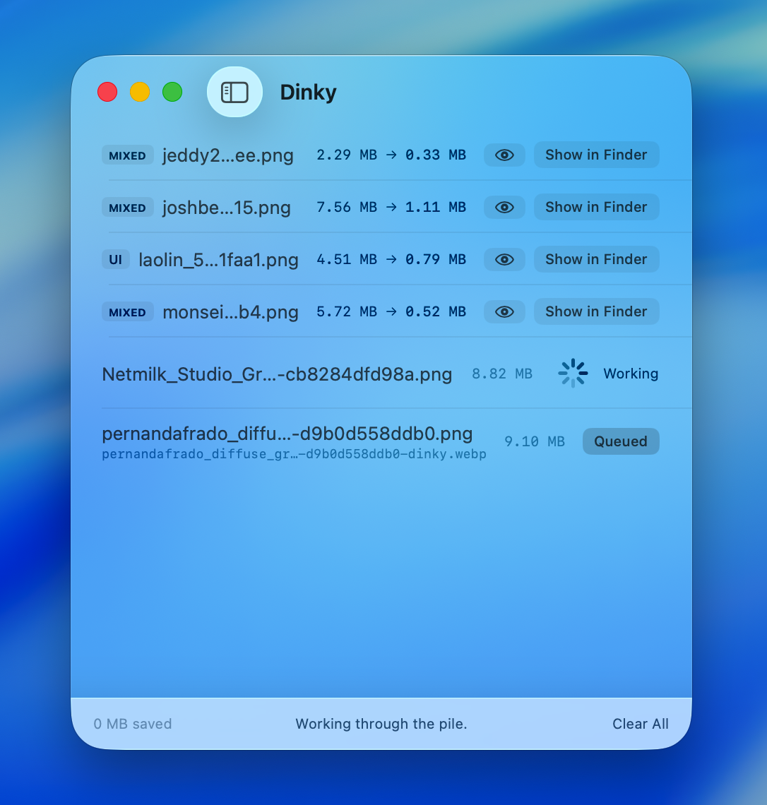 Dinky results list showing compressed files