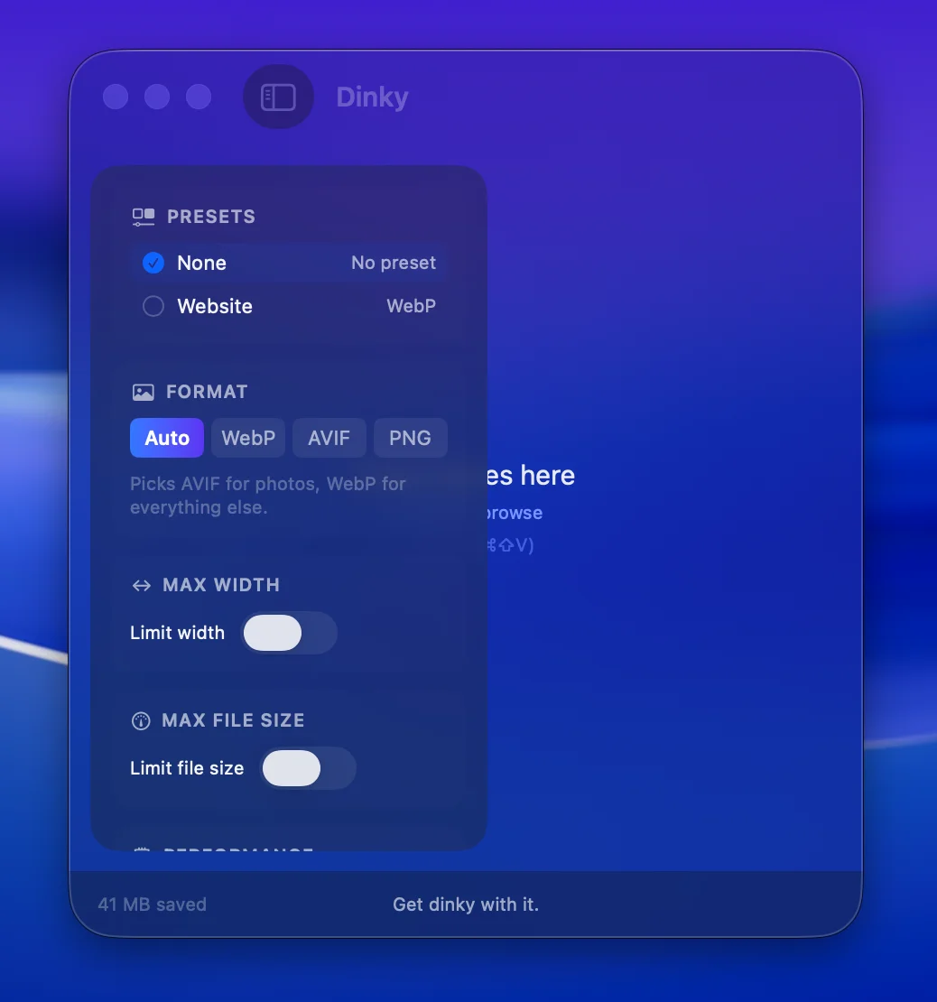 Dinky sidebar with presets and format picker