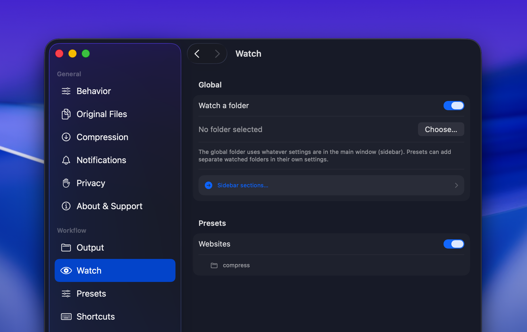 Dinky watch folder settings: global watch and per-preset watch folders
